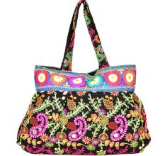 Black Traditional Embroidered Cotton Assorted Handbag