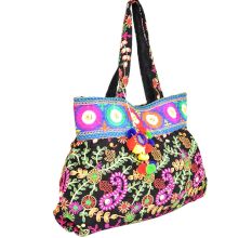 Black Traditional Embroidered Cotton Assorted Handbag