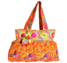 Orange Hand Embroiered Embroidered Cotton Assorted Handbag
