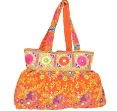 Orange Hand Embroiered Embroidered Cotton Assorted Handbag
