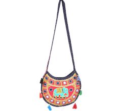 Navy Blue Red Semi Circle Elephant Embroidered Sling  Bag
