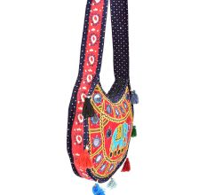 Navy Blue Red Semi Circle Elephant Embroidered Sling  Bag