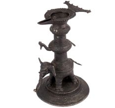 Bronze Oil Lamp With Elephant And Peacock