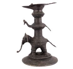 Bronze Oil Lamp With Elephant And Peacock