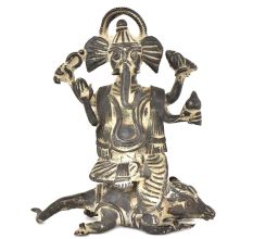 Bronze Vintage Finishing Ganesha Sitting On Seated Mushak Figurine 