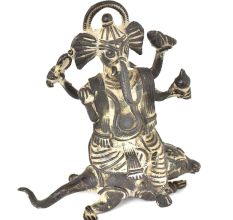 Bronze Vintage Finishing Ganesha Sitting On Seated Mushak Figurine 