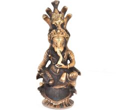 Brass Ganesha Sitting With Sheshnag And Diya