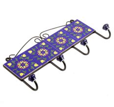 Navy Blue Yellow Floral Tiles Hooks 