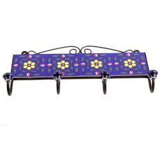 Navy Blue Yellow Floral Tiles Hooks