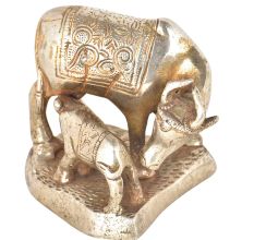 Brass Silver Plated Cow Feeding Her Calf