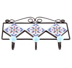 Turquoise White Floral Tiles Hooks