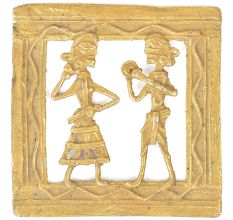 Brass Dhokra Wall Art Hanging Tribal Man Playing Instrument & Woman Dancing