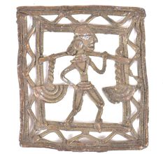 Brass Dhokra Wall Art Rural Man Carrying 2 Tribal Pots