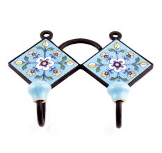 Turquoise Navy Blue Floral Tiles Hooks