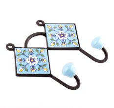 Turquoise Navy Blue Floral Tiles Hooks