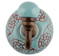 Sea Green Brown Marigold Flower Etched Ceramic Wall Hook