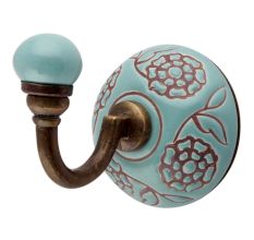 Sea Green Brown Marigold Flower Etched Ceramic Wall Hook