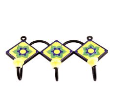 Yellow Navy Blue Floral Tiles Hooks