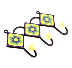 Yellow Navy Blue Floral Tiles Hooks