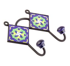  Navy Blue Yellow Floral Tiles Hooks