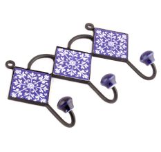 Navy Blue And White Floral Tiles Hooks