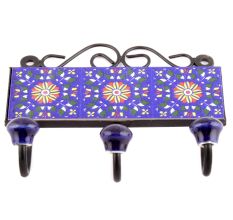 Navy Blue Yellow Sun Flower Tiles Hooks 