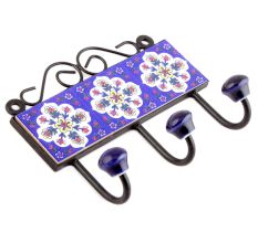 Navy Blue And White Floral Tiles Hooks