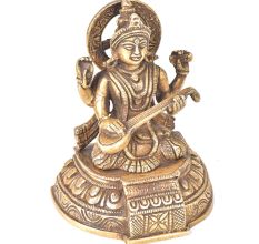 Brass Goddess Sarswati Sitting On A Raised Platform