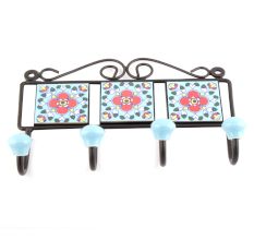 Turquoise And Red Floral Tiles Hooks