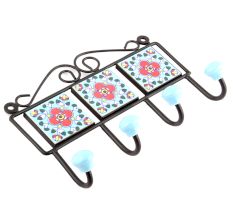 Turquoise And Red Floral Tiles Hooks