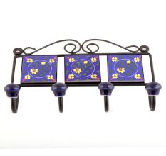 Navy Blue Yellow Floral Tiles Hooks