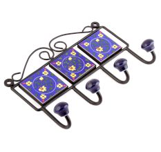 Navy Blue Yellow Floral Tiles Hooks