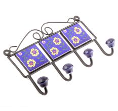 Navy Blue Yellow Flower Tiles Hooks