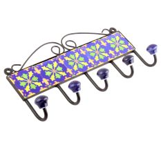 Navy Blue And Green Floral Tiles Hooks