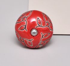 Red Calla Lily Brown Etched Ceramic Cabinet Knob