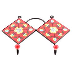 Red And Turquoise Floral Tiles Hooks