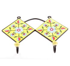 Yellow And Turquoise Ceramic Flower Tiles Hooks