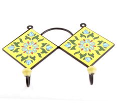 Yellow And Forest Green Ceramic Floral Tiles Hooks