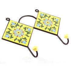 Yellow And Forest Green Ceramic Floral Tiles Hooks