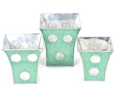 Green Silver Engraved Metal Flower Pots and Planters In Set Of 3