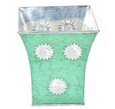 Green Silver Engraved Metal Flower Pots and Planters In Set Of 3
