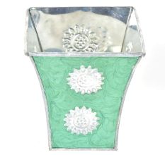 Green Silver Engraved Metal Flower Pots and Planters In Set Of 3