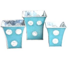 Blue Silver Engraved Metal Flower Pots and Planters In Set Of 3