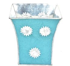 Blue Silver Engraved Metal Flower Pots and Planters In Set Of 3