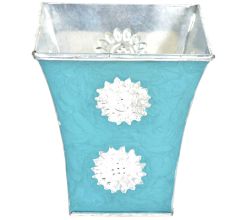 Blue Silver Engraved Metal Flower Pots and Planters In Set Of 3