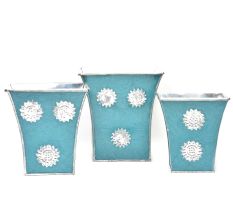Blue Silver Engraved Metal Flower Pots and Planters In Set Of 3