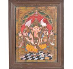 Lord Ganesha His Two Wives Tanjore Painting With Frame