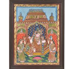 Framed Krishna With Satyabhama and Rukmani Tanjore Painting