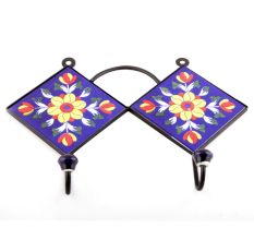 Navy Blue And Yellow Sun Flower Ceramic Tiles Hooks 