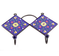 Navy Blue And Yellow Wheel Flower Ceramic Tiles Hooks